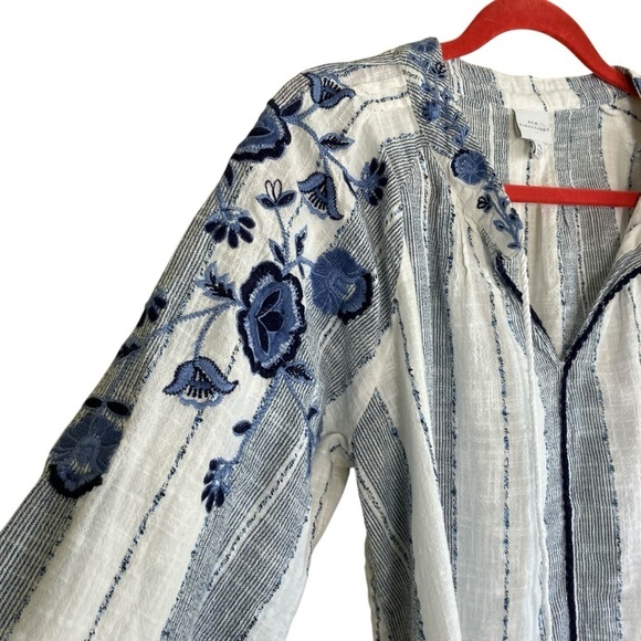 New Directions Embroidered Boho Split Neck Peasant Blouse Blue White Tassels XL - Picture 4 of 16